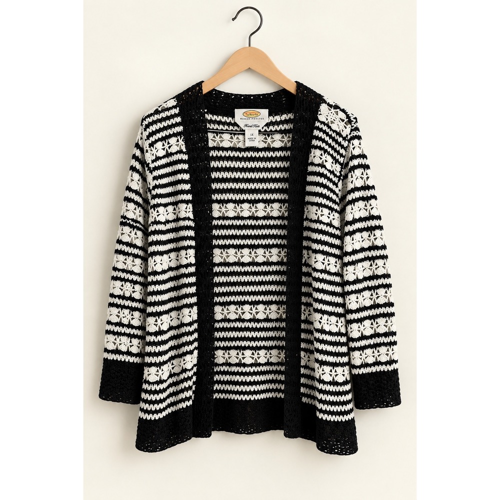 Talbots Woman Petites 1X Cardigan Hand Knit Crochet Striped Black White Open